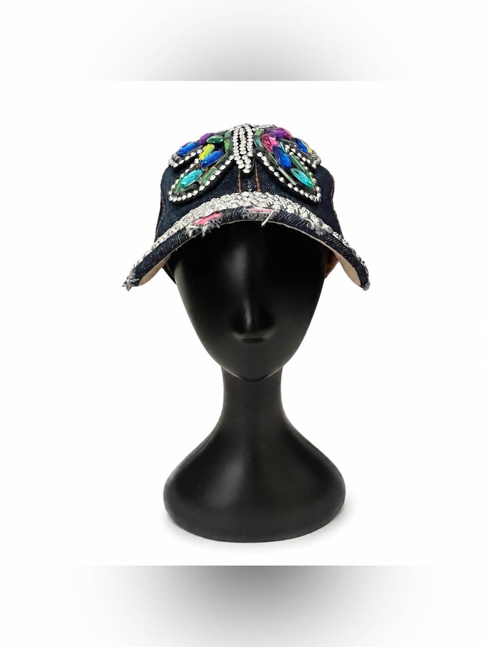 Y2K Washed Denim Hat With Rhinestone Detail & Gemstone Butterfly Accent